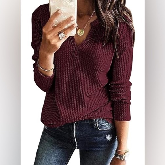 Waffle Knit V Cut Neck Henley Long Sleeve Shirt Sweater in Maroon NWT - Picture 6 of 11
